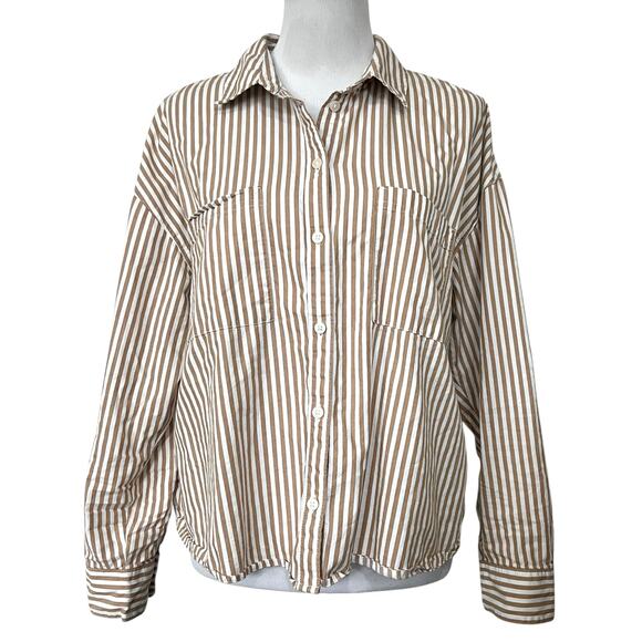 Old Navy Boyfriend Shirt Tan White Stripe Long Sleeve Cotton Button Up Womens L - Picture 1 of 8